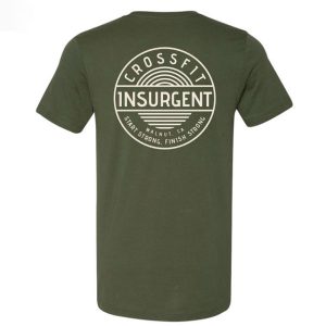 A green t-shirt with the words " crossfit insurgent ".